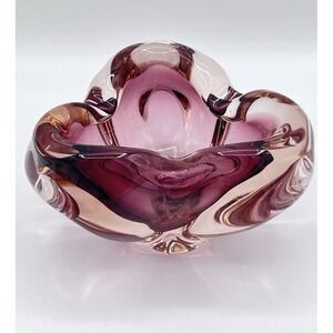 Vintage Hand Blown Art Glass Bowl Purple Freeform Ruffled Rim Decorative Dish